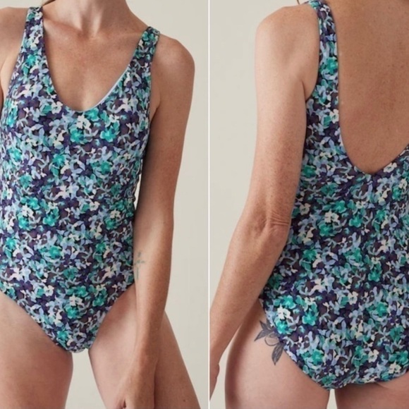 Athleta One-Piece Swimsuit Small Blue Green Purple Floral Scoop Back Swimwear - Picture 1 of 5